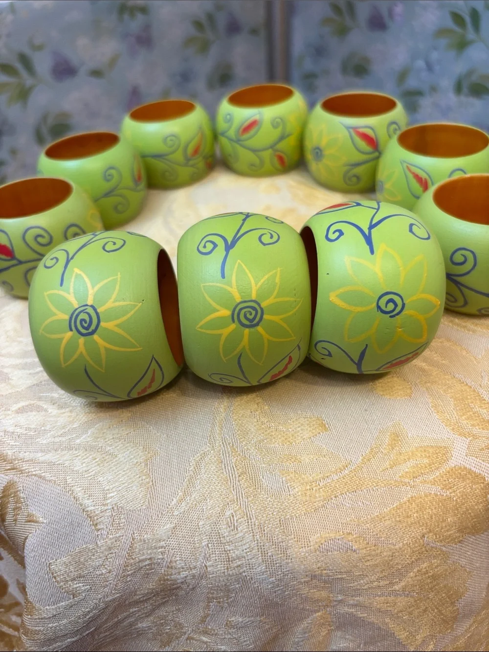 Vintage Folk Art Hand-Painted Lime Green Wooden Napkin Rings.